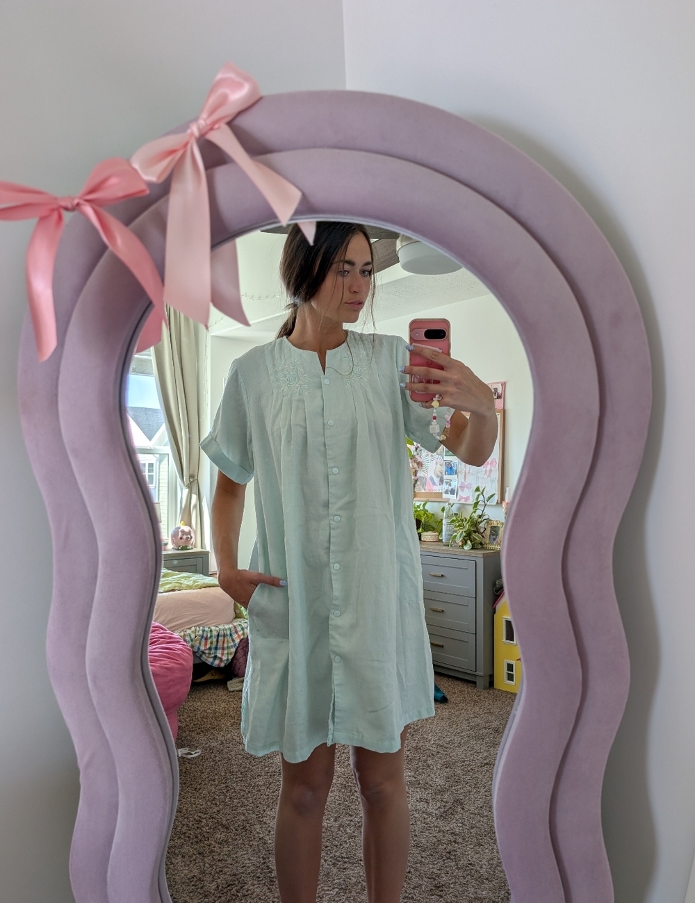 Miss Elaine Mint Green Button-Front Nightgown with Embroidery Size Large